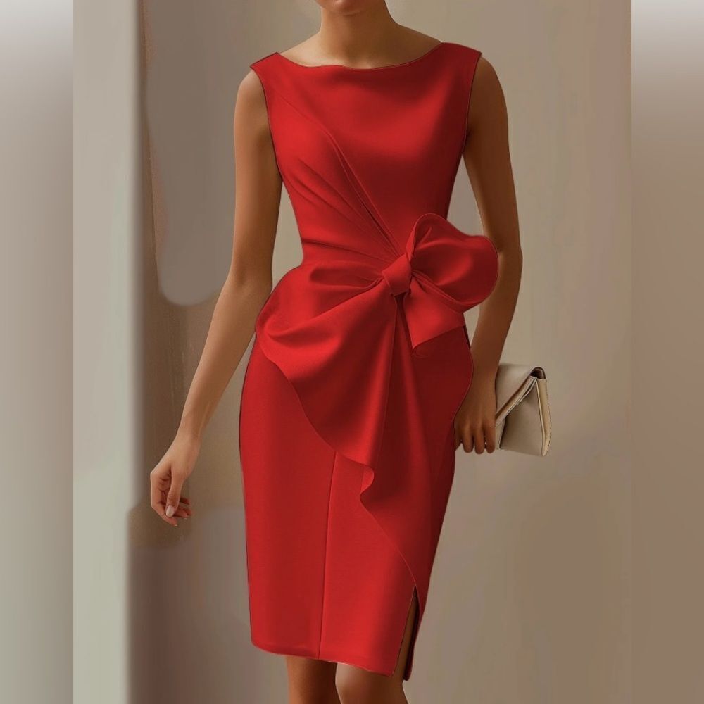 Fehaute Women's Sleeveless Bow-Detail Sheath Dress Red Bow Sz 10 NWT